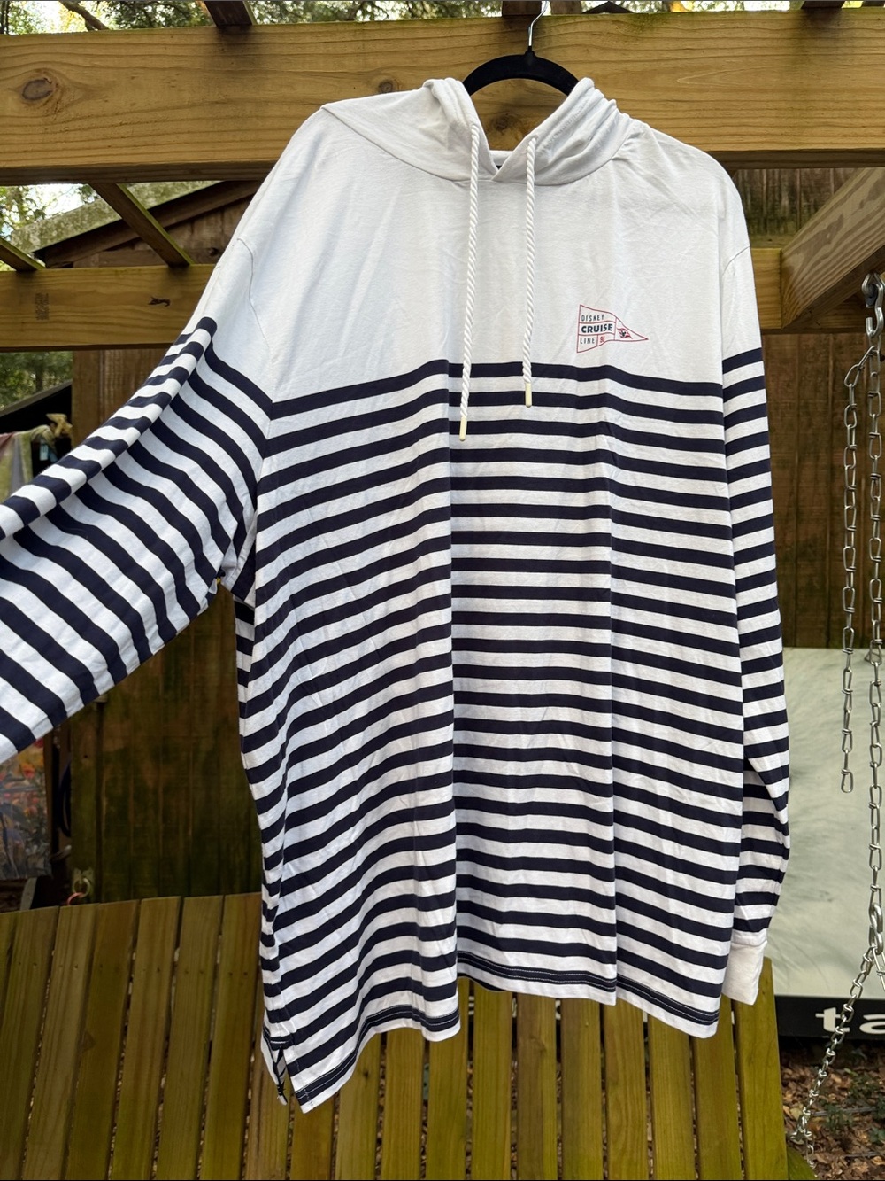 Women’s Striped Long-Sleeve Hooded Tee - White & Navy size 4X
